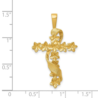 14K Gelbgold Kreuz-Anhänger mit Blume und Schleife, poliert und strukturiert