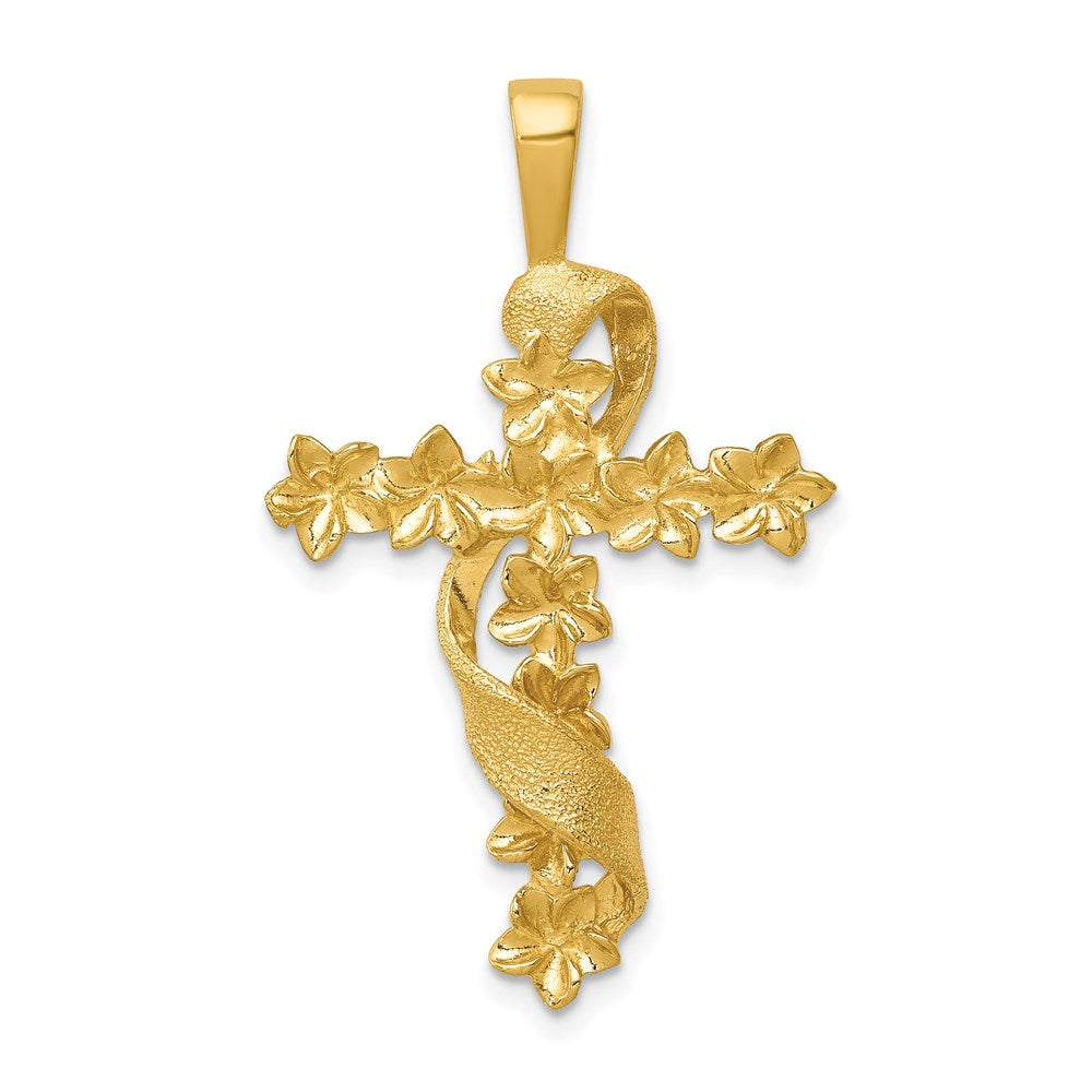 14K Gelbgold Kreuz-Anhänger mit Blume und Schleife, poliert und strukturiert