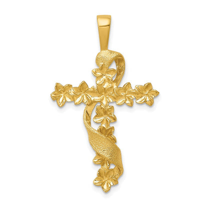 14K Gelbgold Kreuz-Anhänger mit Blume und Schleife, poliert und strukturiert