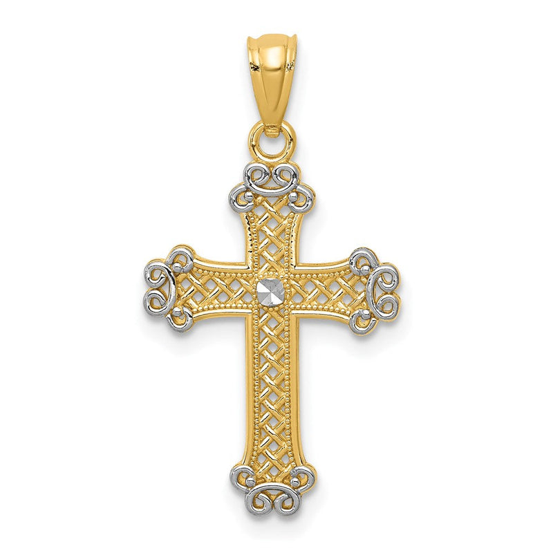 14K Gelb & Rhodium mit Rhodium Diamantiert Filigran Kreuz Anhänger