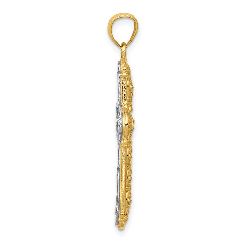 14K Gelb- und Rhodiumgold mit Rhodium wendbarer diamantgeschliffener Filigran-Kreuz-Anhänger