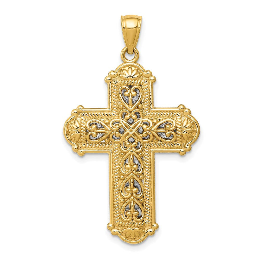 14K Gelb- und Rhodiumgold mit Rhodium wendbarer diamantgeschliffener Filigran-Kreuz-Anhänger