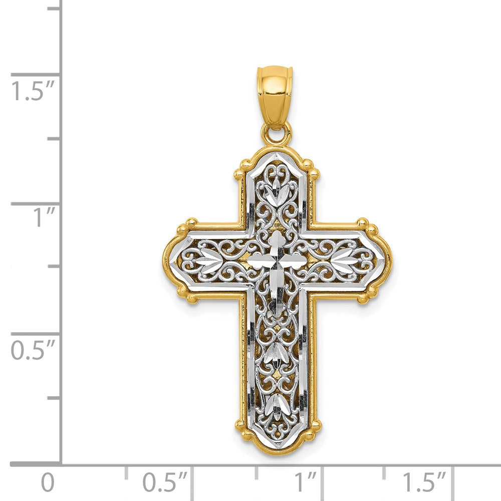 14K Gelb- und Rhodiumgold mit Rhodium wendbarer diamantgeschliffener Filigran-Kreuz-Anhänger