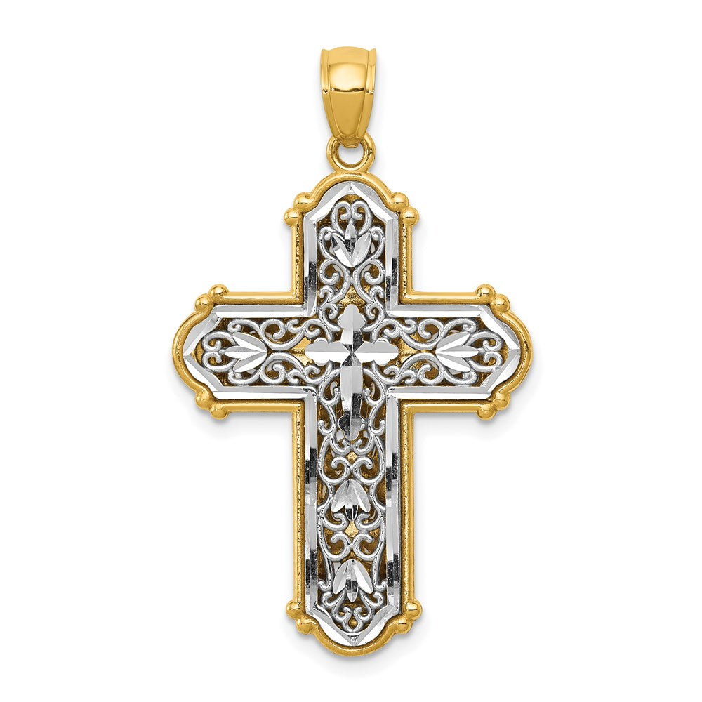 14K Gelb- und Rhodiumgold mit Rhodium wendbarer diamantgeschliffener Filigran-Kreuz-Anhänger
