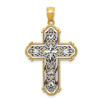 14K Gelb- und Rhodiumgold mit Rhodium wendbarer diamantgeschliffener Filigran-Kreuz-Anhänger