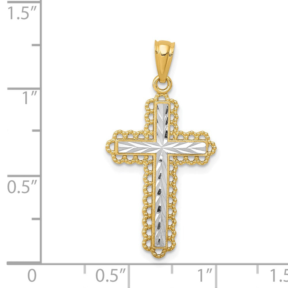 14K Gelb & Rhodium mit Rhodium Diamantiert Knospend Kreuz Anhänger