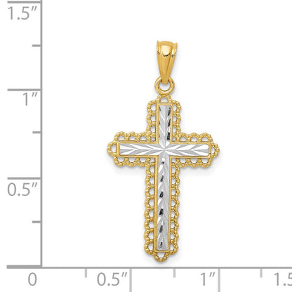14K Gelb & Rhodium mit Rhodium Diamantiert Knospend Kreuz Anhänger