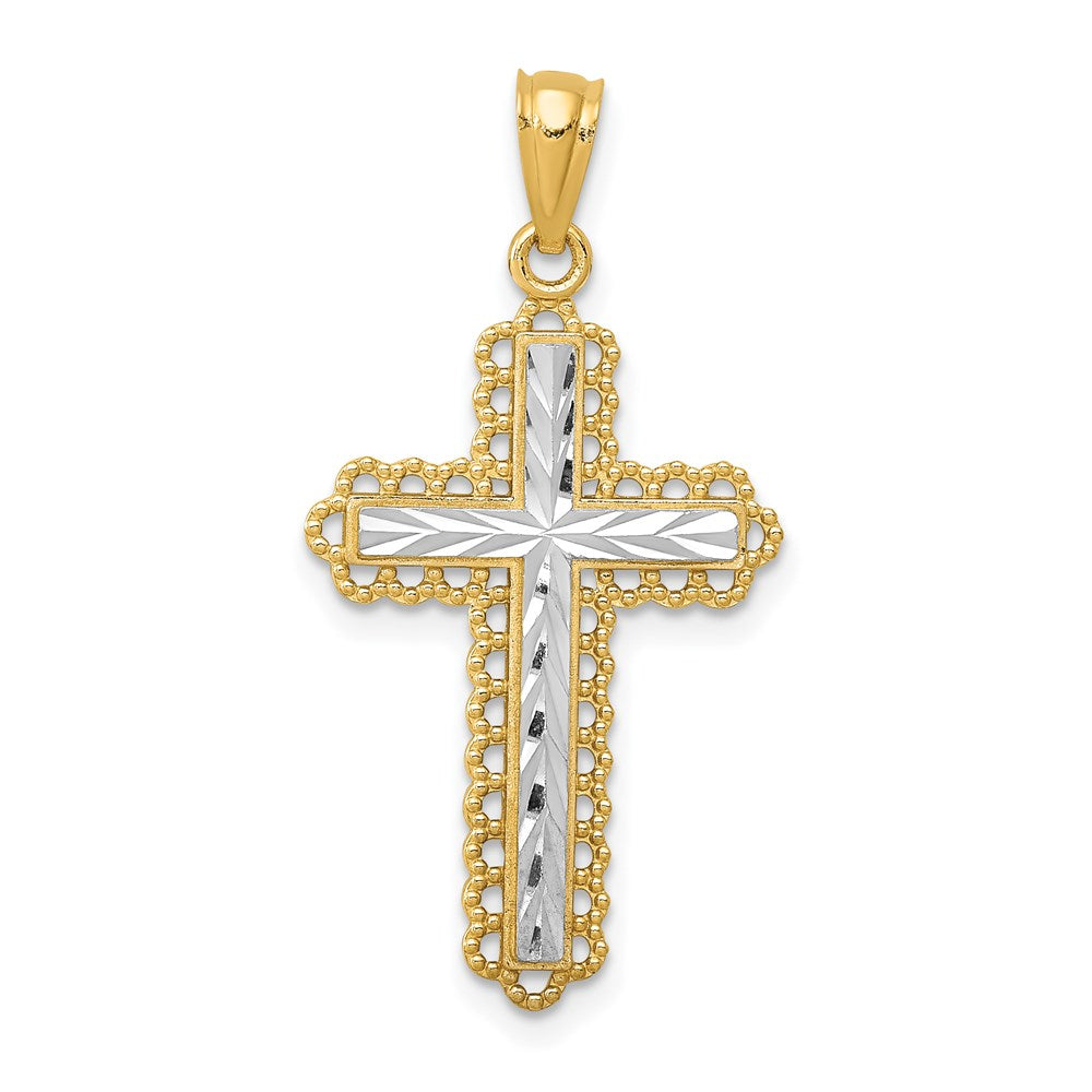 14K Gelb & Rhodium mit Rhodium Diamantiert Knospend Kreuz Anhänger