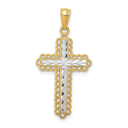 14K Gelb & Rhodium mit Rhodium Diamantiert Knospend Kreuz Anhänger