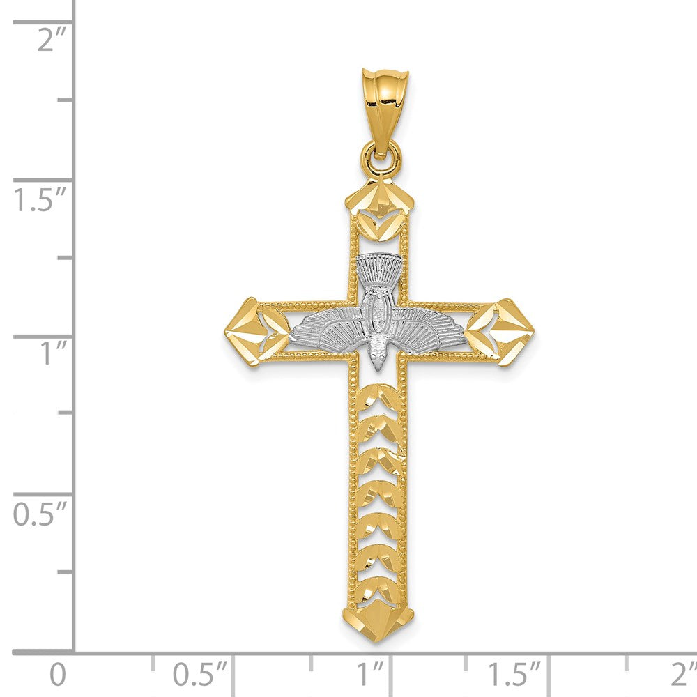 14K Gelb- und Rhodiumgold Tauben-Kreuz-Anhänger mit Rhodium-Politur, diamantgeschliffen