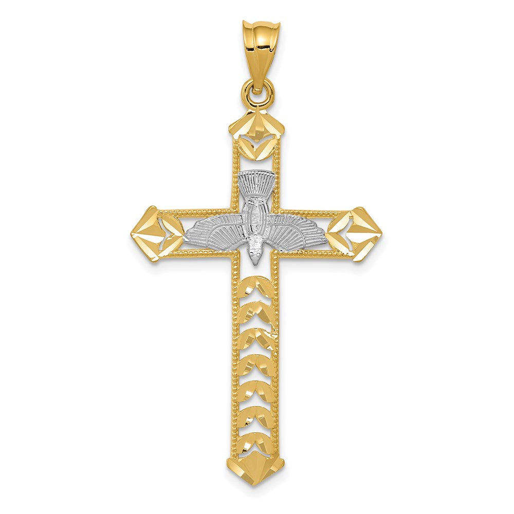 14K Gelb- und Rhodiumgold Tauben-Kreuz-Anhänger mit Rhodium-Politur, diamantgeschliffen