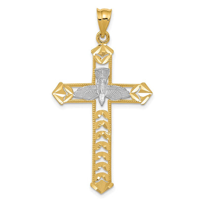 14K Gelb- und Rhodiumgold Tauben-Kreuz-Anhänger mit Rhodium-Politur, diamantgeschliffen