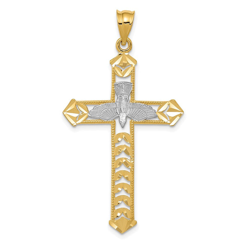 14K Gelb- und Rhodiumgold Tauben-Kreuz-Anhänger mit Rhodium-Politur, diamantgeschliffen