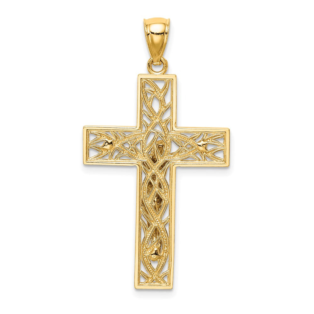 14K Bicolor Gold Satiniert Poliert Diamantiert Kreuzanhänger mit Weinreben