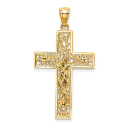 14K Bicolor Gold Satiniert Poliert Diamantiert Kreuzanhänger mit Weinreben