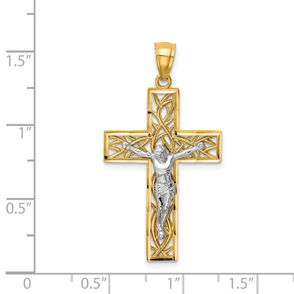 14K Bicolor Gold Satiniert Poliert Diamantiert Kreuzanhänger mit Weinreben
