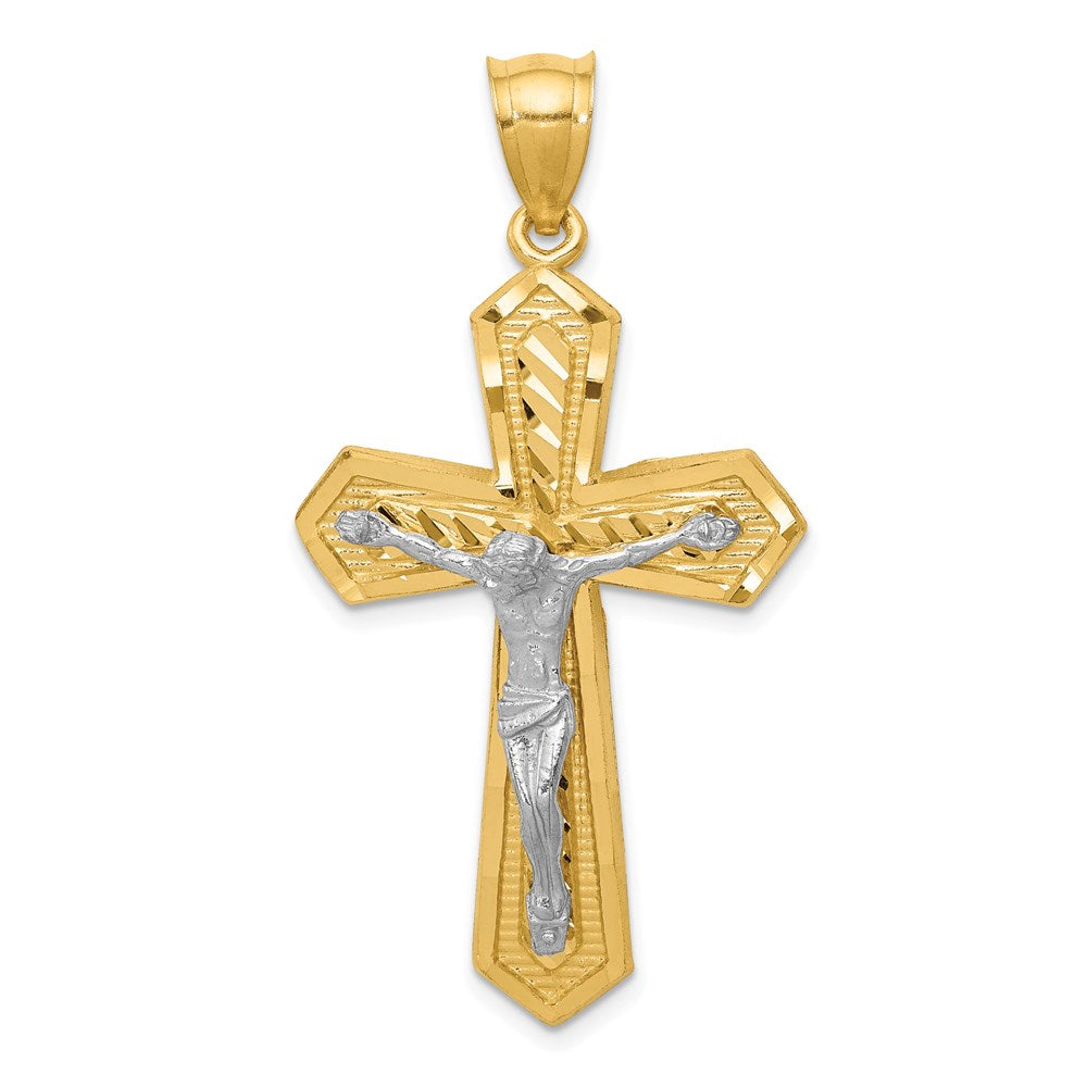 14K Bicolor-Gold Diamantgeschliffener Passions-Kruzifix-Anhänger