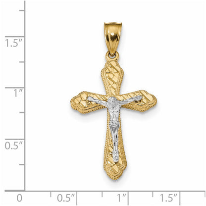 14K Bicolor-Gold Diamantgeschliffener Knospenkreuz-Anhänger