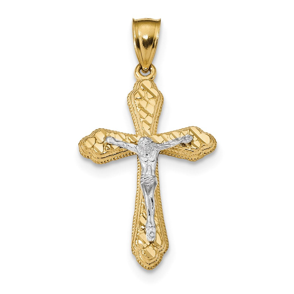 14K Bicolor-Gold Diamantgeschliffener Knospenkreuz-Anhänger