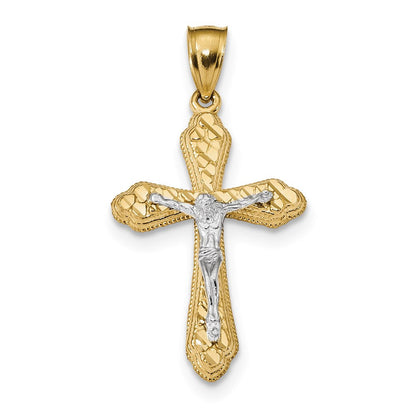 14K Bicolor-Gold Diamantgeschliffener Knospenkreuz-Anhänger