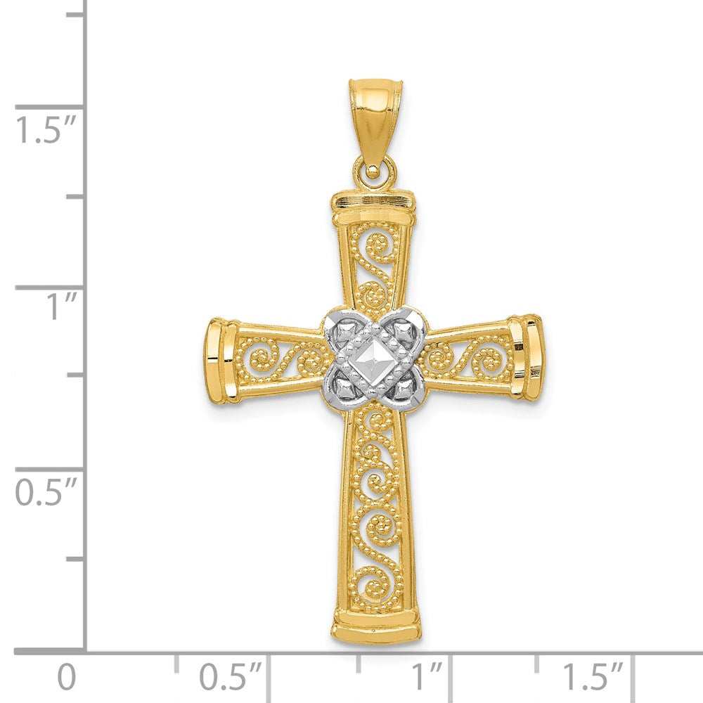 14K Gelb- und Rhodiumgold mit Rhodium, diamantgeschliffener Filigran-Kreuzanhänger