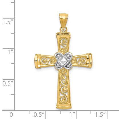 14K Gelb- und Rhodiumgold mit Rhodium, diamantgeschliffener Filigran-Kreuzanhänger