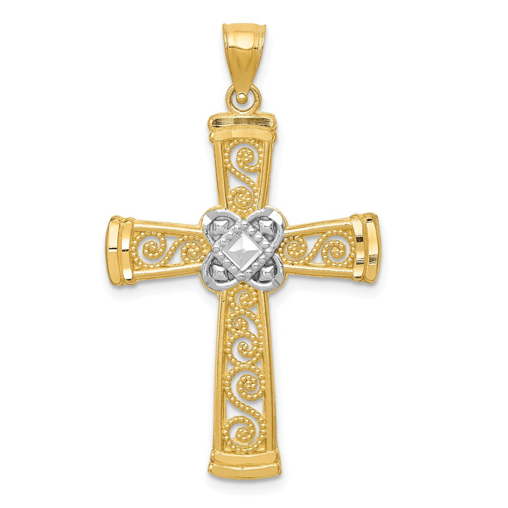 14K Gelb- und Rhodiumgold mit Rhodium, diamantgeschliffener Filigran-Kreuzanhänger