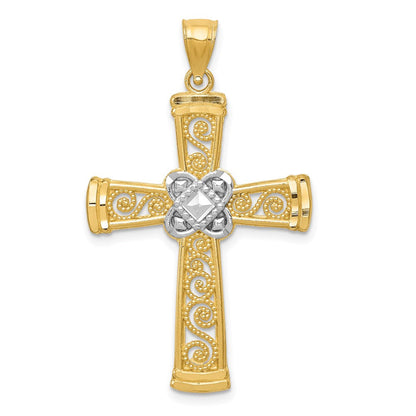 14K Gelb- und Rhodiumgold mit Rhodium, diamantgeschliffener Filigran-Kreuzanhänger