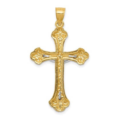 14K Bicolor Gold Diamantgeschliffener Kruzifix-Anhänger mit Knospen-Kreuz