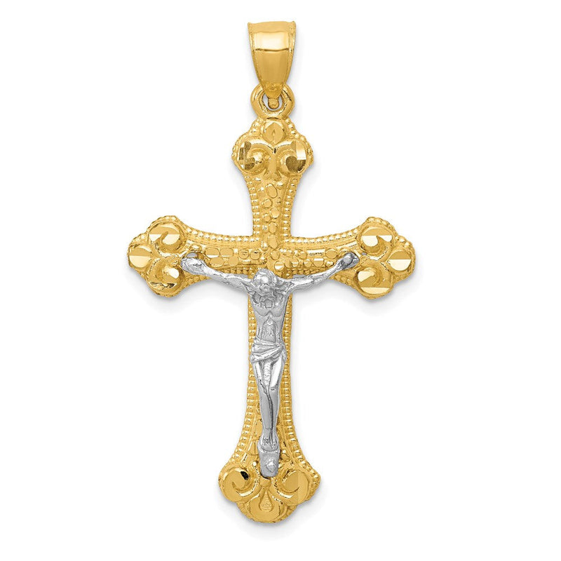 14K Bicolor Gold Diamantgeschliffener Kruzifix-Anhänger mit Knospen-Kreuz