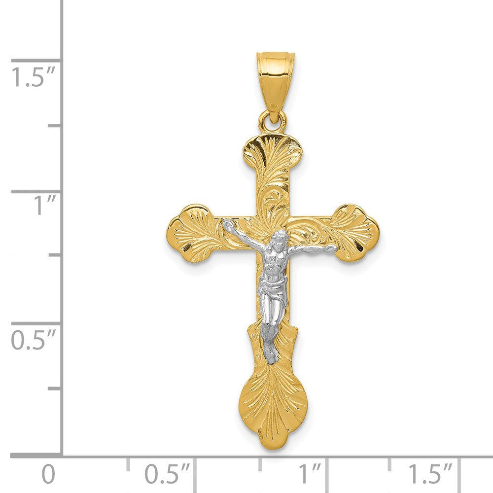 14K Gelb- und Rhodium-Gold Zweifarbiges Gold Kruzifix-Anhänger mit Wirbel-Design und Knospenenden