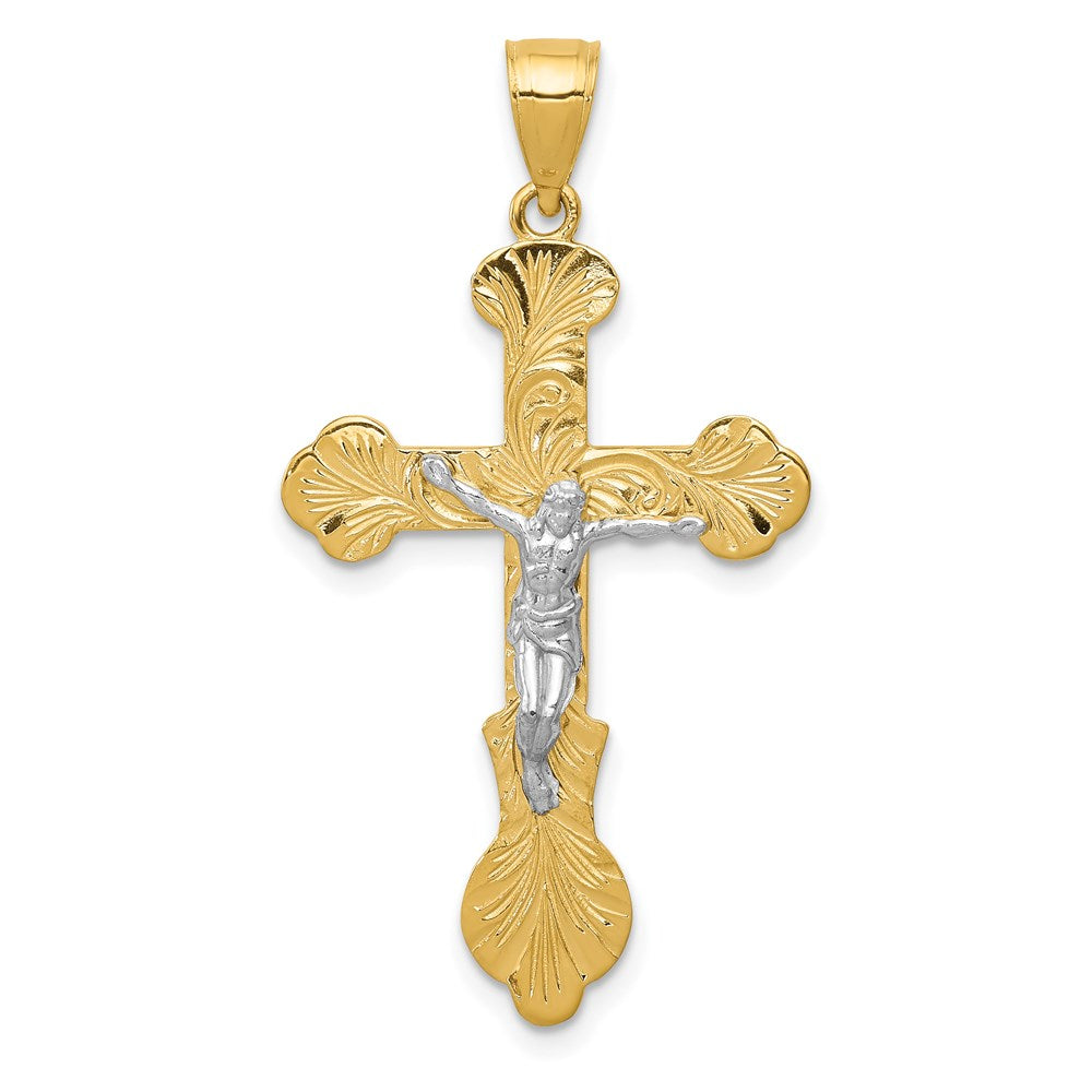14K Gelb- und Rhodium-Gold Zweifarbiges Gold Kruzifix-Anhänger mit Wirbel-Design und Knospenenden
