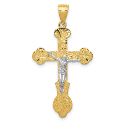 14K Gelb- und Rhodium-Gold Zweifarbiges Gold Kruzifix-Anhänger mit Wirbel-Design und Knospenenden