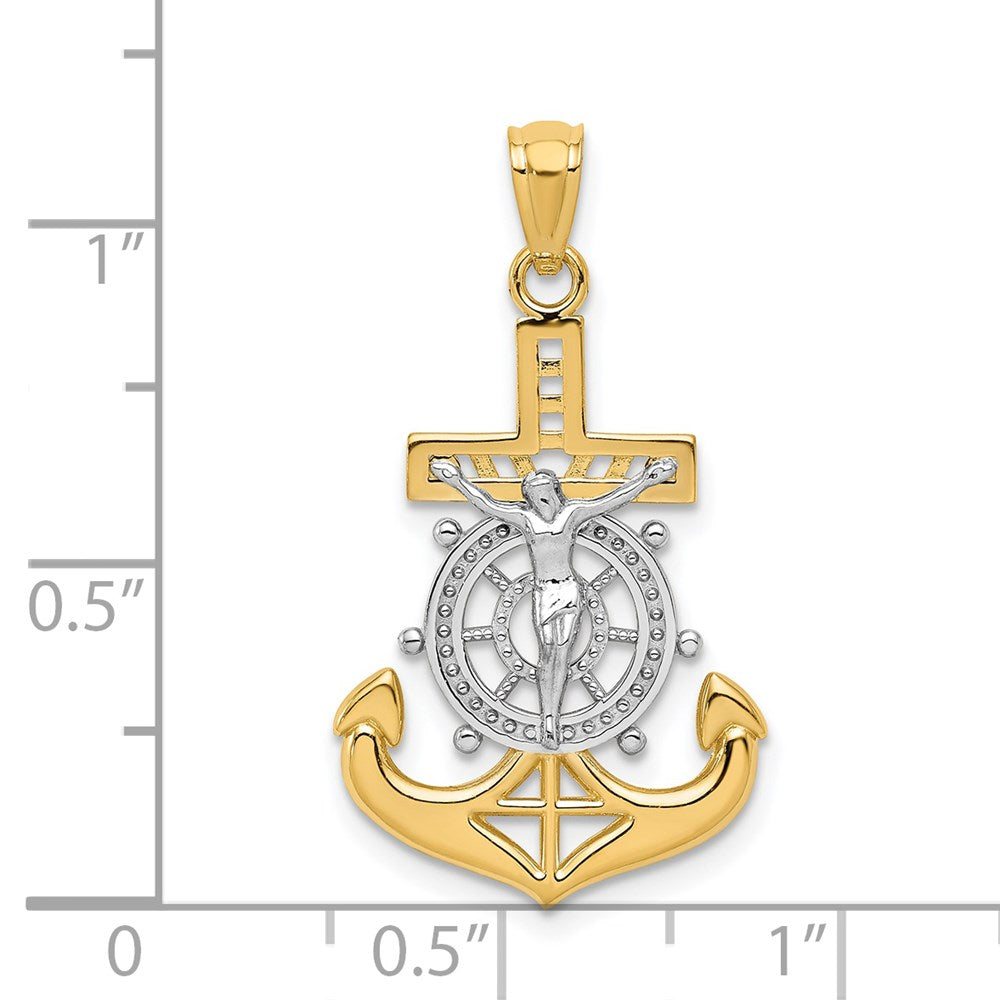 14K Gelb & Rhodium mit Rhodium Poliert Mariners Kruzifix Anhänger