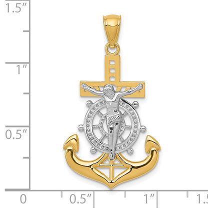 14K Gelbgold mit Rhodium, Rhodiniert-Poliert, Mariner-Kruzifix-Anhänger