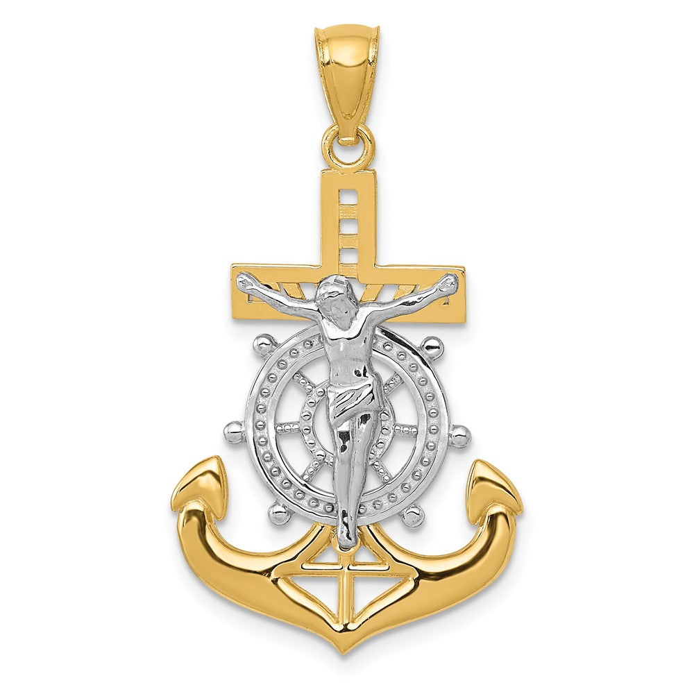 14K Gelbgold mit Rhodium, Rhodiniert-Poliert, Mariner-Kruzifix-Anhänger