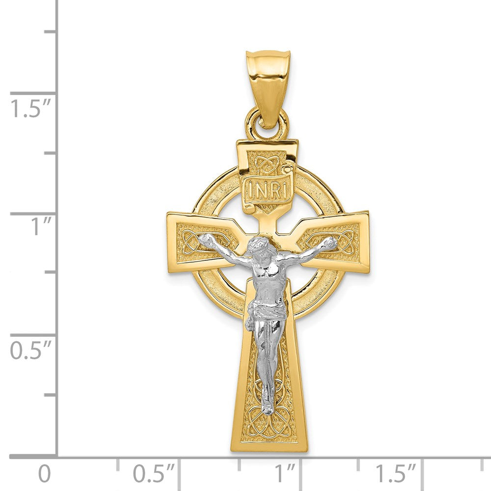 14K Bicolor-Gold polierter Kelten-INRI-Kruzifix-Anhänger