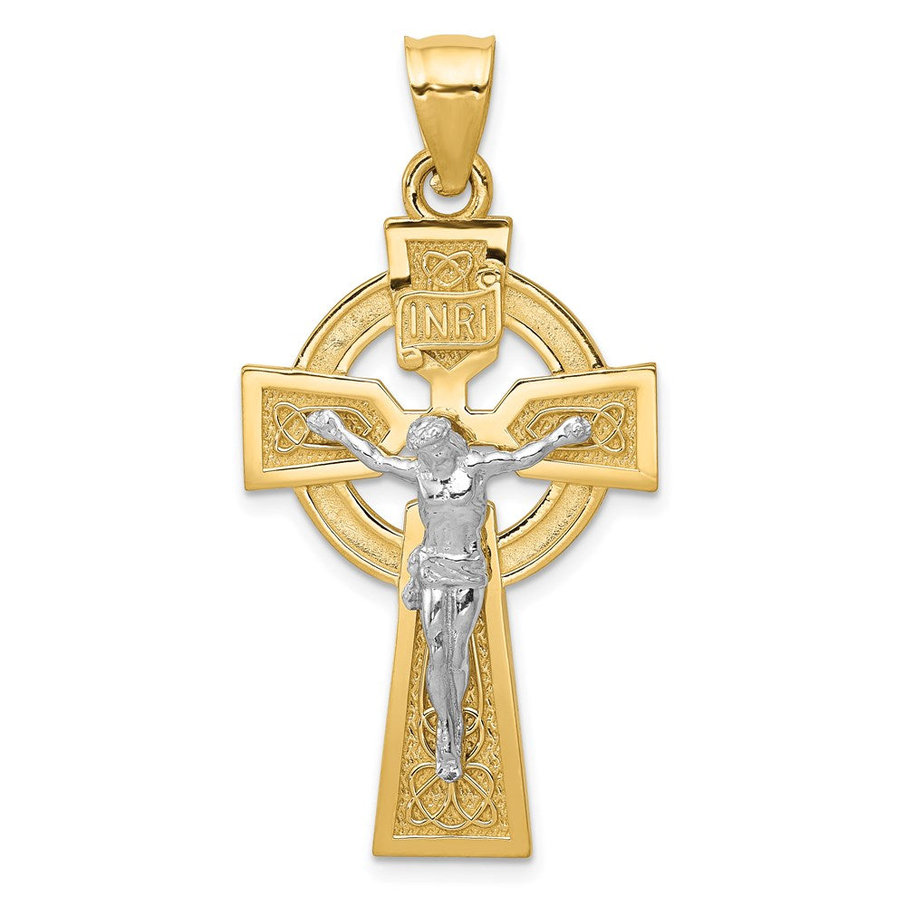 14K Bicolor-Gold polierter Kelten-INRI-Kruzifix-Anhänger