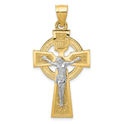 14K Bicolor-Gold polierter Kelten-INRI-Kruzifix-Anhänger