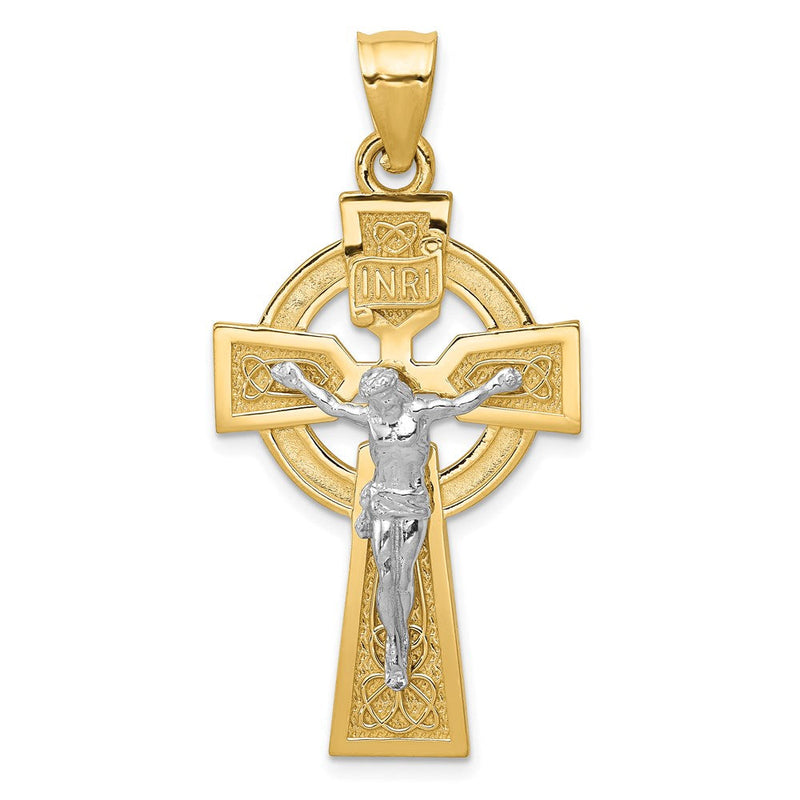 14K Bicolor-Gold polierter Kelten-INRI-Kruzifix-Anhänger