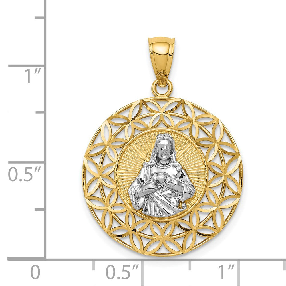 14K Gelbgold & Rhodium mit Rhodium, diamantgeschliffener Jesus im Kreis-Anhänger