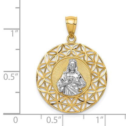 14K Gelbgold & Rhodium mit Rhodium, diamantgeschliffener Jesus im Kreis-Anhänger