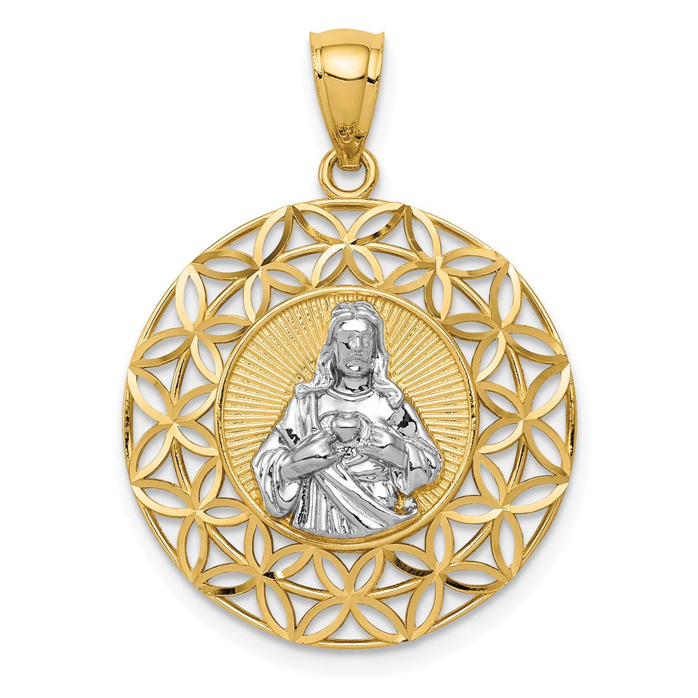 14K Gelbgold & Rhodium mit Rhodium, diamantgeschliffener Jesus im Kreis-Anhänger
