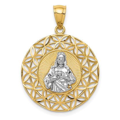 14K Gelbgold & Rhodium mit Rhodium, diamantgeschliffener Jesus im Kreis-Anhänger