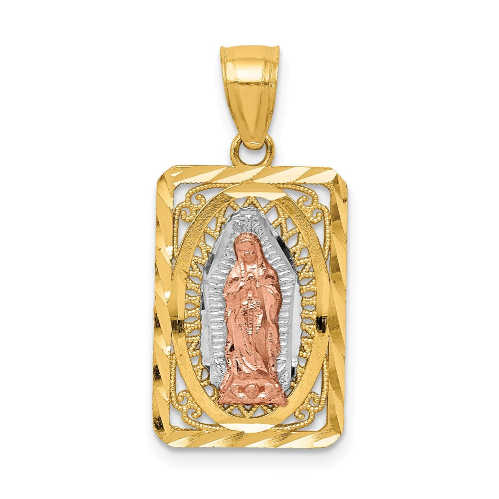 14K Bicolor-Gold (mit Weiß-Rhodium beschichtet) diamantiert Unsere Liebe Frau von Guadalupe-Anhänger