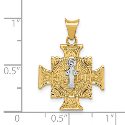 14K Gelb- und Rhodiumgold teilmassiver Heiliger-Benedikt-Anhänger mit Rhodium