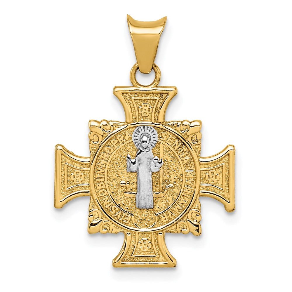 14K Gelb- und Rhodiumgold teilmassiver Heiliger-Benedikt-Anhänger mit Rhodium