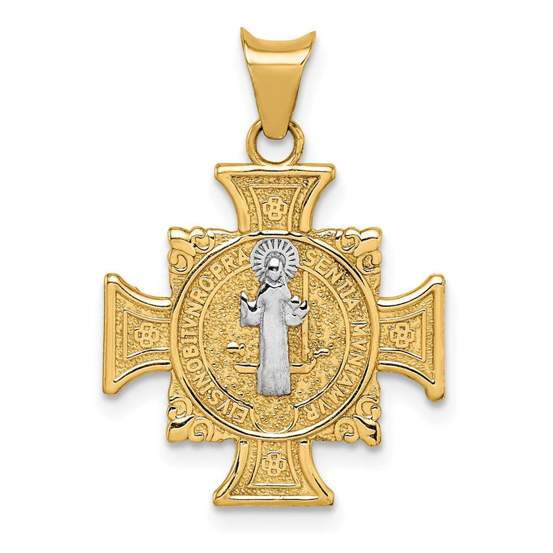 14K Gelb- und Rhodiumgold teilmassiver Heiliger-Benedikt-Anhänger mit Rhodium