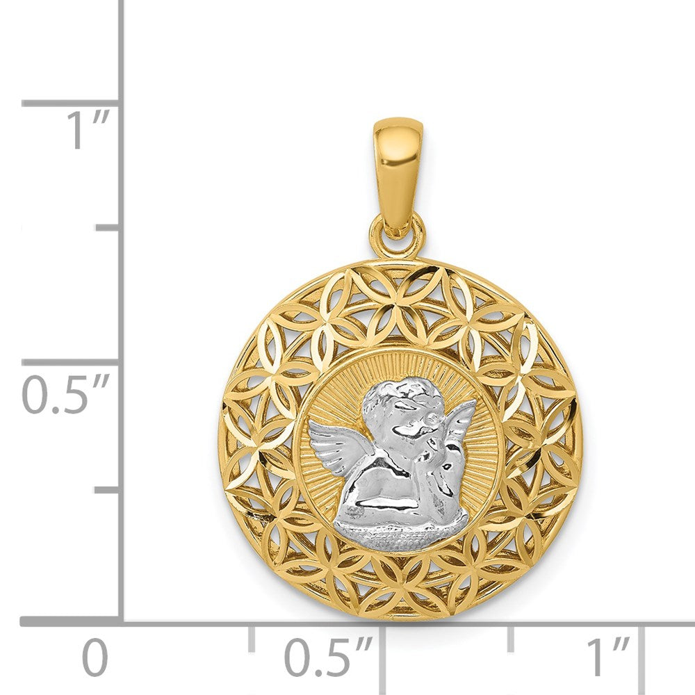 14K Gelbgold & Rhodium mit Rhodium poliertem Filigran-Schutzengel-Anhänger