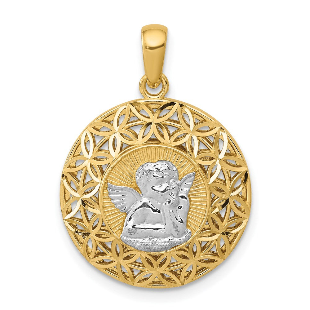 14K Gelbgold & Rhodium mit Rhodium poliertem Filigran-Schutzengel-Anhänger